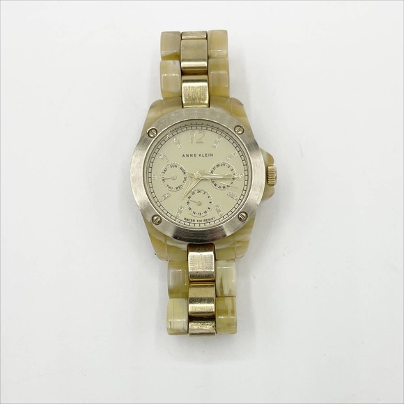 Anne Klein 3 Dial Tortoise And Rhinestone Watch Gold Cream - Picture 1 of 6